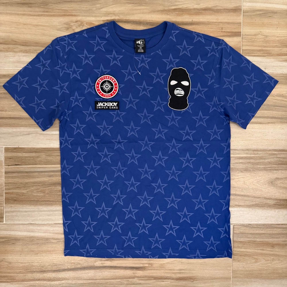 Sniper Gang Jackboy Star Print T-Shirt Blue Ski Mask Patch Mens Medium